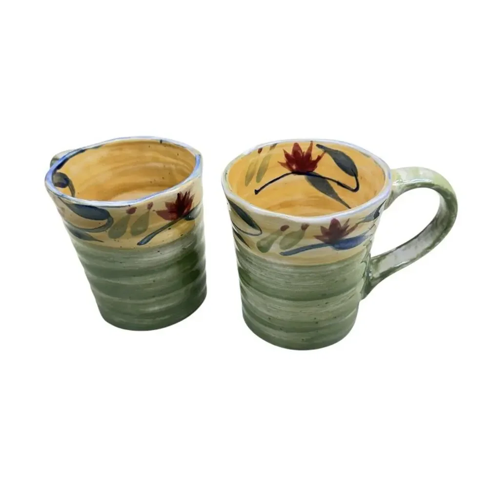 Pier 1 Elizabeth Mug Set of 2 Floral Handpainted Stoneware Green Floral 16 oz
